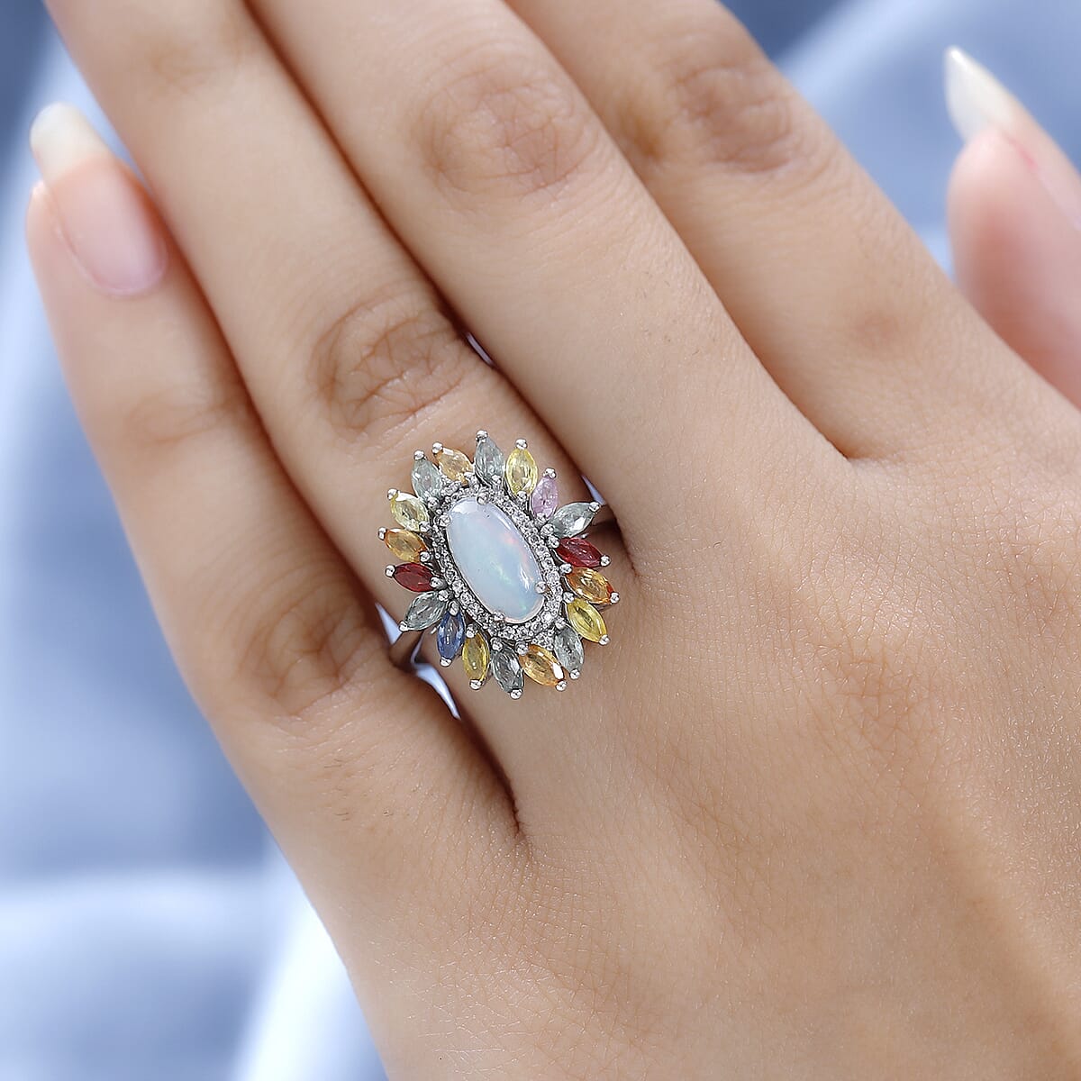 TLV Premium Ethiopian Welo Opal, Multi Gemstone Floral Ring in Platinum Over Sterling Silver (Size 10.0) 2.65 ctw image number 2