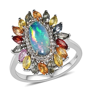Premium Ethiopian Welo Opal and Multi Gemstone Floral Ring in Platinum Over Sterling Silver (Size 9.0) 2.65 ctw
