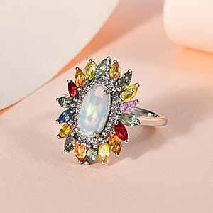 Premium Ethiopian Welo Opal and Multi Gemstone Floral Ring in Platinum Over Sterling Silver (Size 9.0) 2.65 ctw