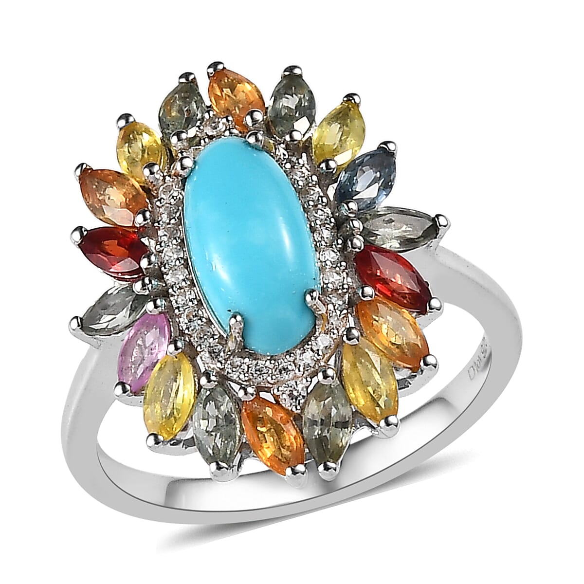 Premium Sleeping Beauty Turquoise and Multi Gemstone Floral Ring in Platinum Over Sterling Silver (Size 10.0) 2.50 ctw image number 0