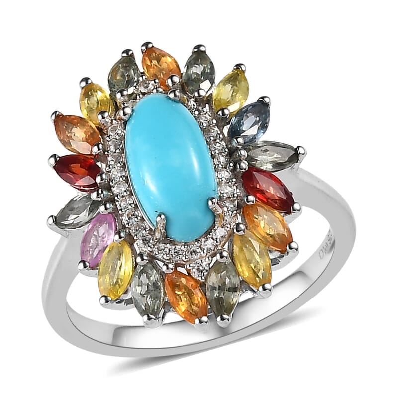 Premium Sleeping Beauty Turquoise and Multi Gemstone Floral Ring in Platinum Over Sterling Silver (Size 10.0) 2.50 ctw