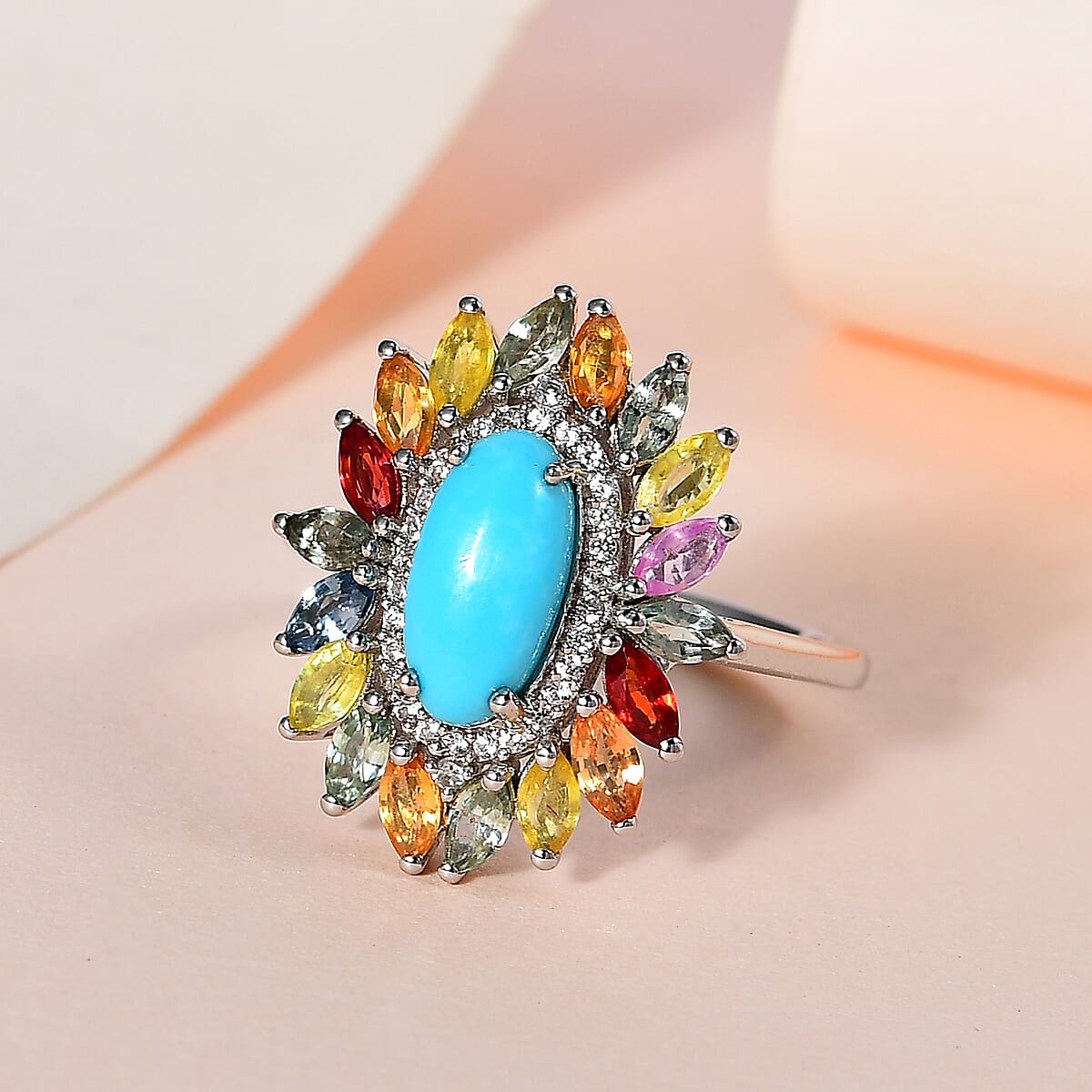 Premium Sleeping Beauty Turquoise and Multi Gemstone Floral Ring in Platinum Over Sterling Silver (Size 10.0) 2.50 ctw image number 1
