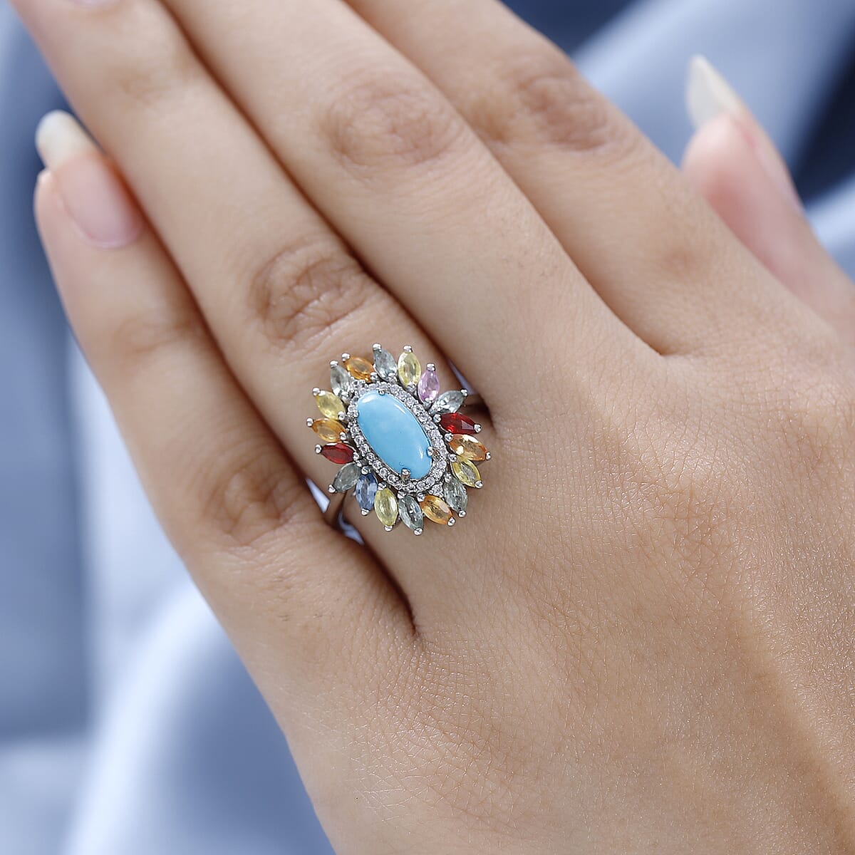 Premium Sleeping Beauty Turquoise and Multi Gemstone Floral Ring in Platinum Over Sterling Silver (Size 10.0) 2.50 ctw image number 2