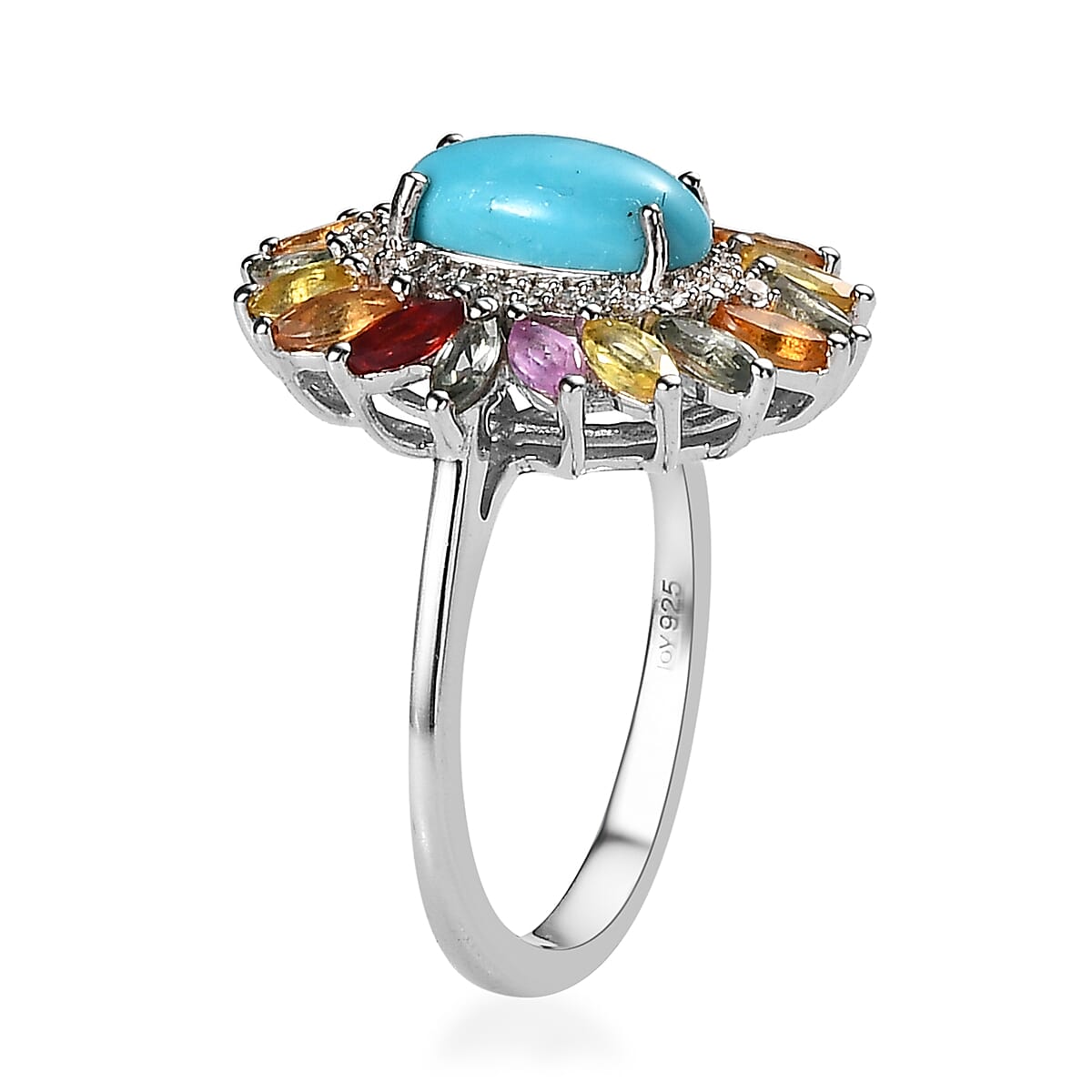 Premium Sleeping Beauty Turquoise and Multi Gemstone Floral Ring in Platinum Over Sterling Silver (Size 10.0) 2.50 ctw image number 3