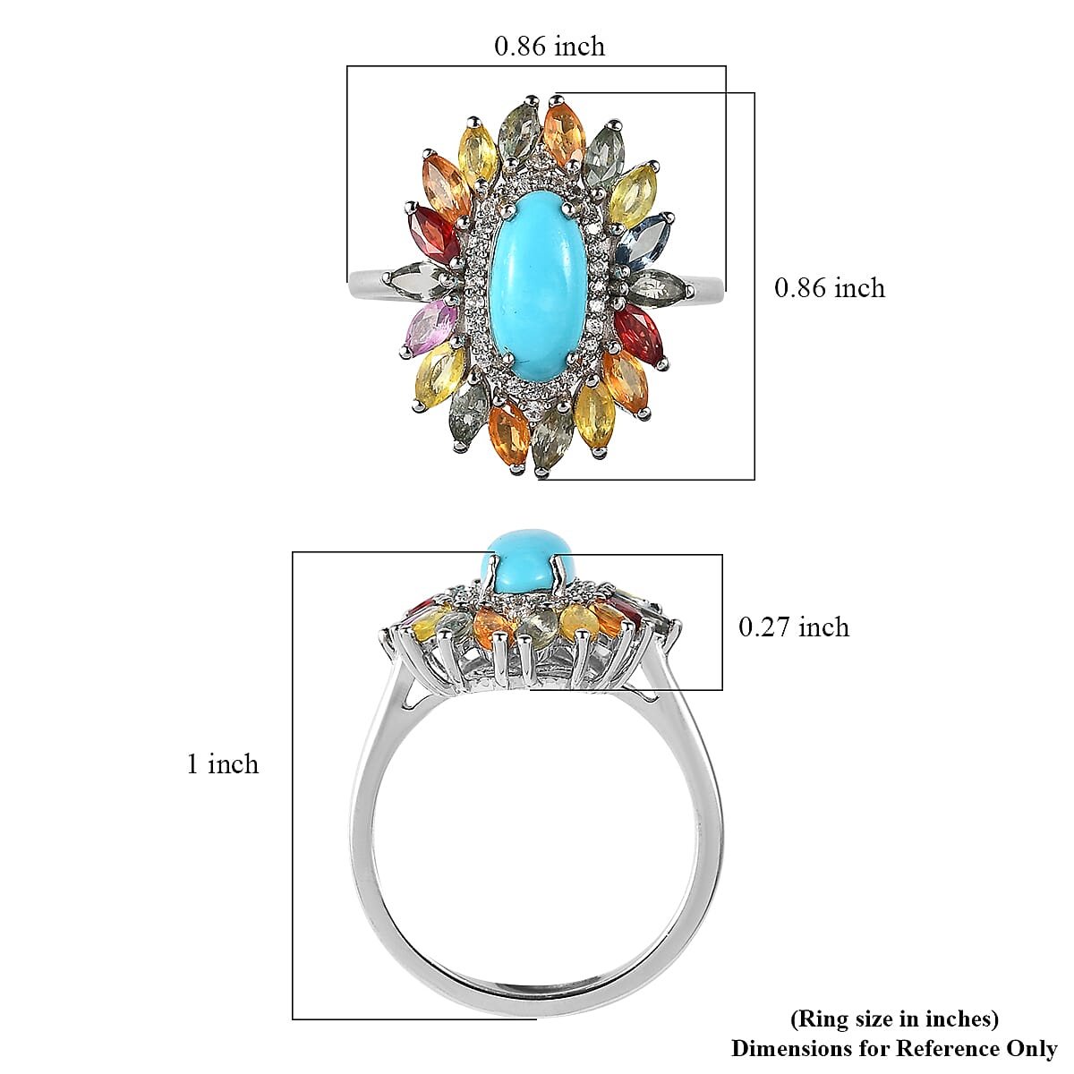 Premium Sleeping Beauty Turquoise and Multi Gemstone Floral Ring in Platinum Over Sterling Silver (Size 10.0) 2.50 ctw image number 5