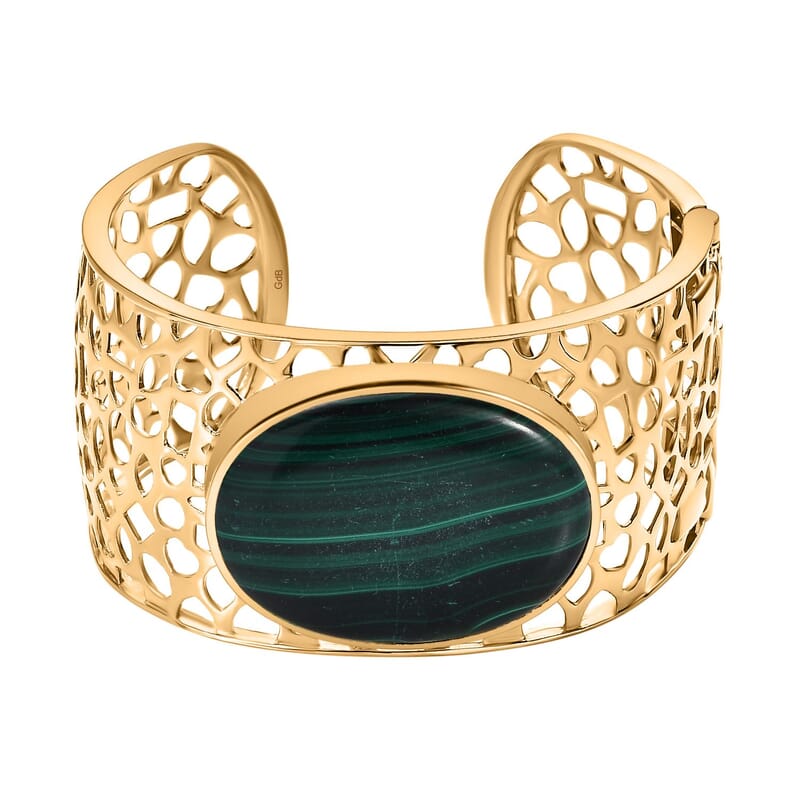 African Malachite 68.37 ctw Cuff Bangle Bracelet in 18K YG Plated (7.50 In)