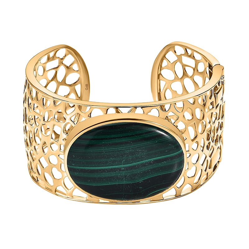 African Malachite 68.37 ctw Cuff Bangle Bracelet in 18K YG Plated (7.50 In)