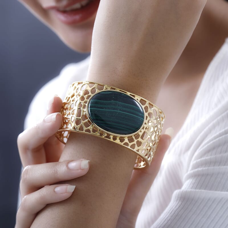 African Malachite 68.37 ctw Cuff Bangle Bracelet in 18K YG Plated (7.50 In)