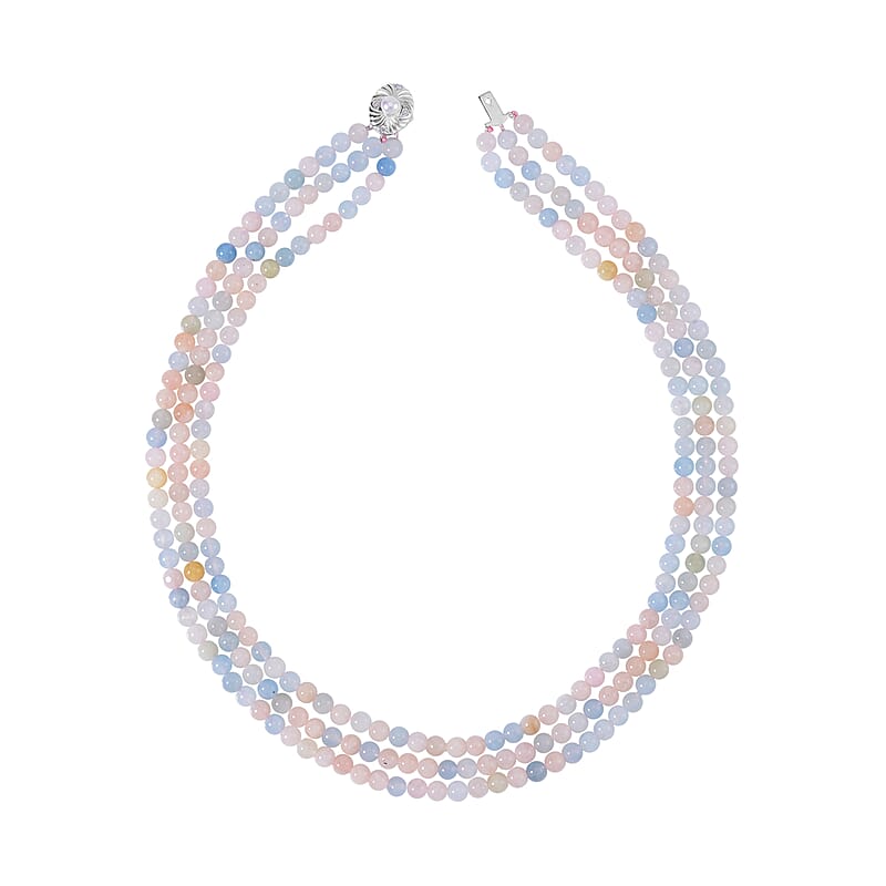 White Freshwater Pearl, Multi Beryl and Simulated Diamond 3 Row Necklace 18 Inches in Rhodium Over Sterling Silver 323.20 ctw