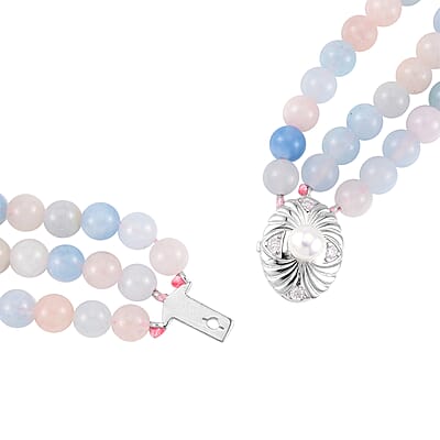 White Freshwater Pearl, Multi Beryl and Simulated Diamond 3 Row Necklace 18 Inches in Rhodium Over Sterling Silver 323.20 ctw