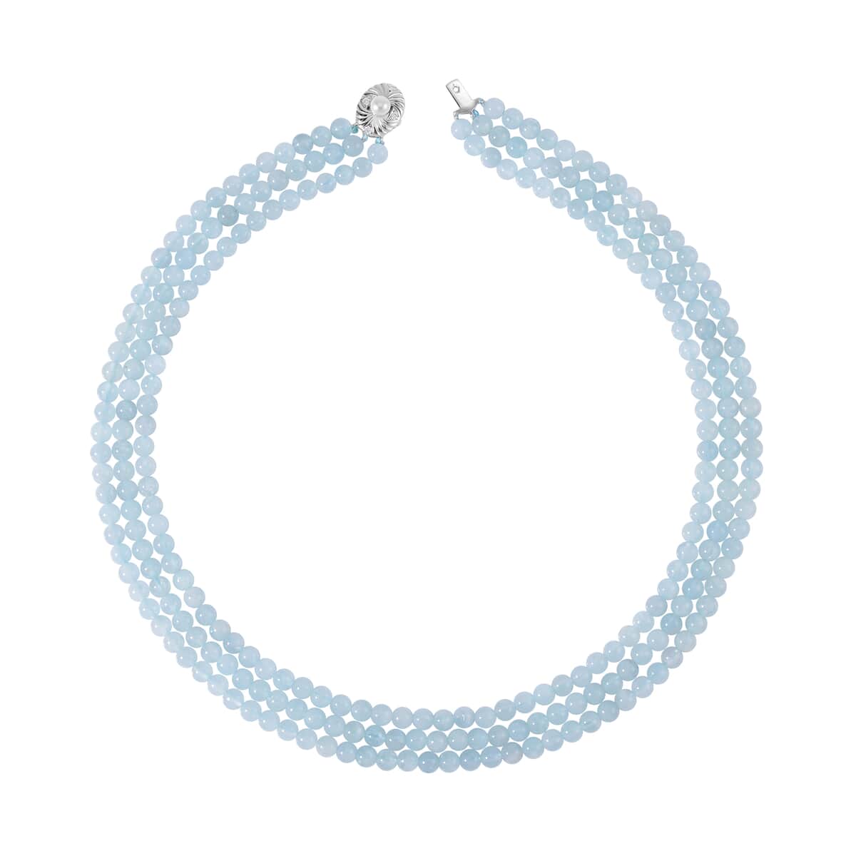 White Freshwater Pearl, Madagascar Aquamarine and Simulated Diamond 3 Row Necklace 18 Inches in Rhodium Over Sterling Silver 323.20 ctw image number 0