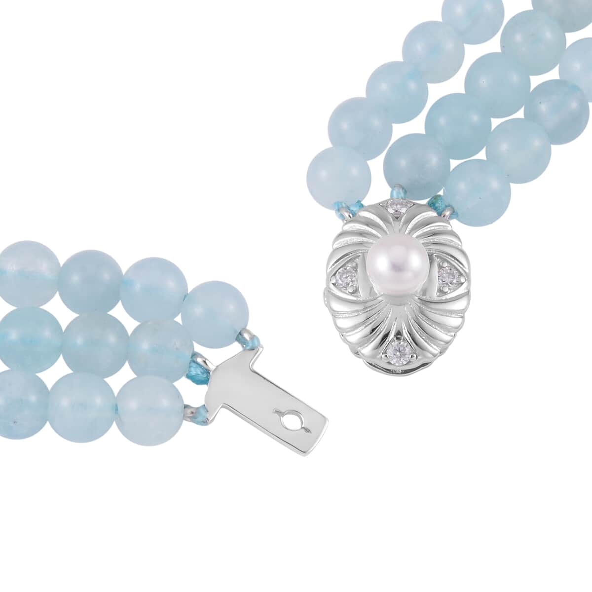 White Freshwater Pearl, Madagascar Aquamarine and Simulated Diamond 3 Row Necklace 18 Inches in Rhodium Over Sterling Silver 323.20 ctw image number 3