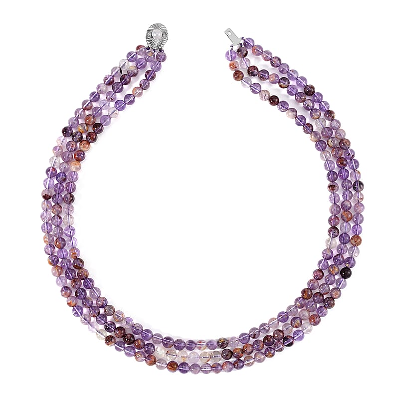 White Freshwater Pearl, Cacoxenite and Simulated Diamond 323.20 ctw 3 Row Necklace in Rhodium Over Sterling Silver 18 Inches