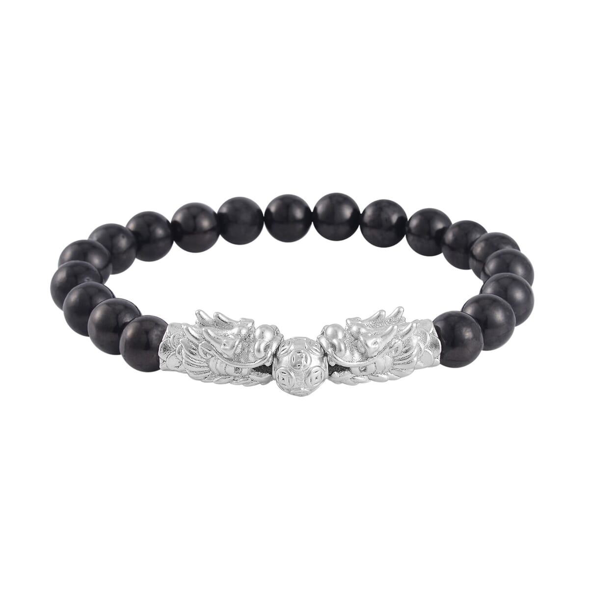 Shungite Beaded Stretch Bracelet with Dragon Charm in Rhodium Over Sterling Silver 66.70 ctw image number 0