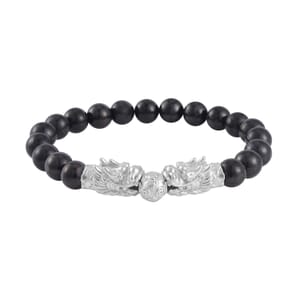 Shungite Beaded Stretch Bracelet with Dragon Charm in Rhodium Over Sterling Silver 66.70 ctw