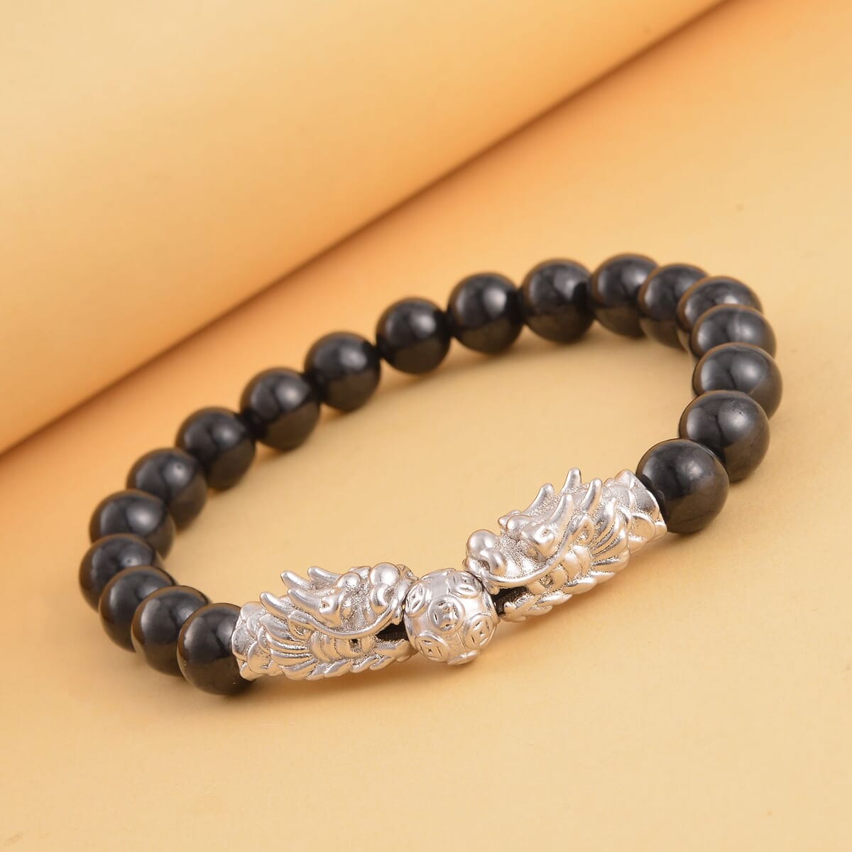 Shungite Beaded Stretch Bracelet with Dragon Charm in Rhodium Over Sterling Silver 66.70 ctw image number 1