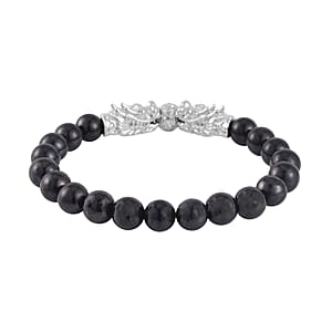 Shungite Beaded Stretch Bracelet with Dragon Charm in Rhodium Over Sterling Silver 66.70 ctw