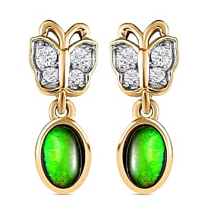 Ammolite and White Zircon 1.28 ctw Earrings in 14K YG Over Sterling Silver
