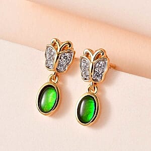Ammolite and White Zircon 1.28 ctw Earrings in 14K YG Over Sterling Silver