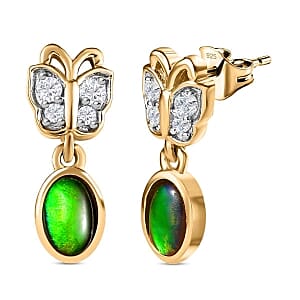 Ammolite and White Zircon 1.28 ctw Earrings in 14K YG Over Sterling Silver