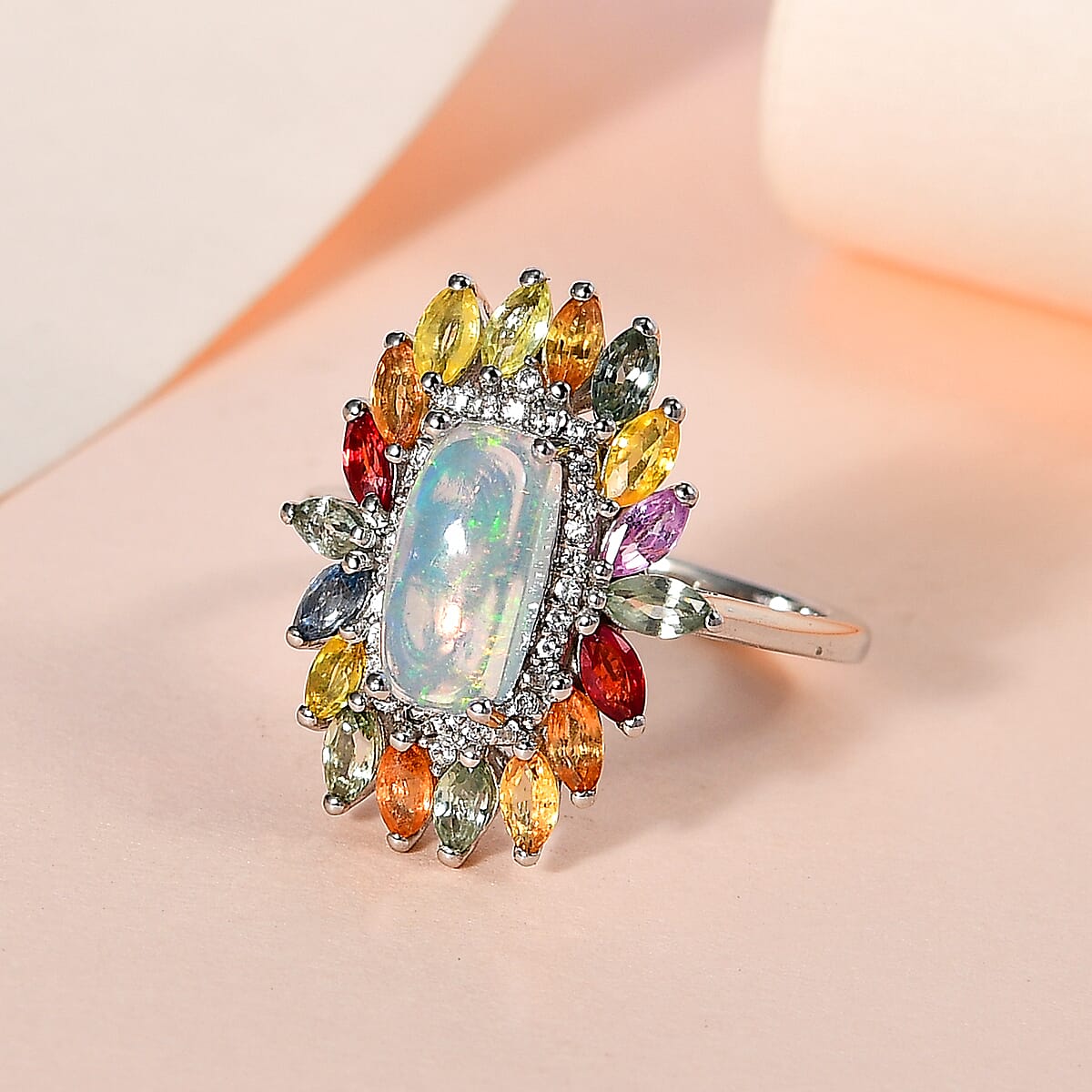 Premium Ethiopian Welo Opal and Multi Gemstone Floral Ring in Platinum Over Sterling Silver (Size 7.0) 2.80 ctw image number 1