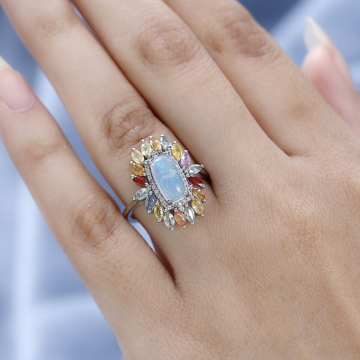 Premium Ethiopian Welo Opal and Multi Gemstone Floral Ring in Platinum Over Sterling Silver (Size 7.0) 2.80 ctw image number 2