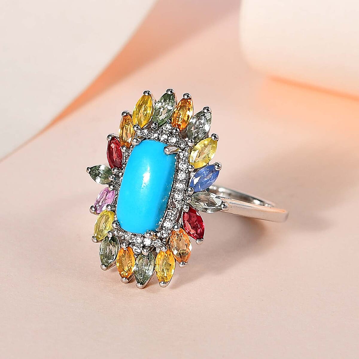 Premium Sleeping Beauty Turquoise and Multi Gemstone Floral Ring in Platinum Over Sterling Silver (Size 6.0) 3.35 ctw image number 1