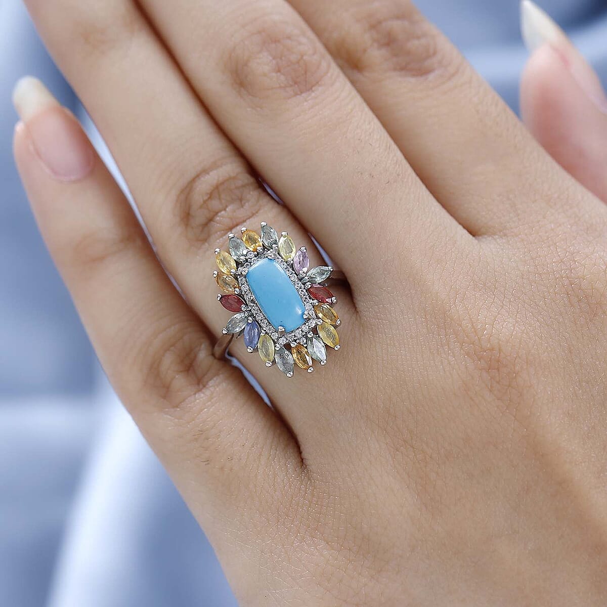 Premium Sleeping Beauty Turquoise and Multi Gemstone Floral Ring in Platinum Over Sterling Silver (Size 8.0) 3.35 ctw image number 2