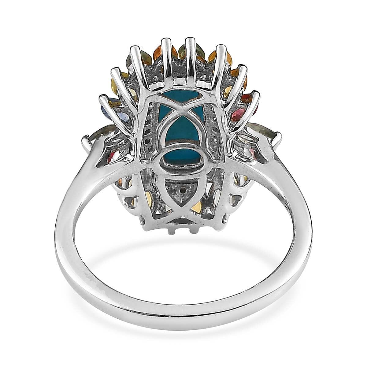 Premium Sleeping Beauty Turquoise and Multi Gemstone Floral Ring in Platinum Over Sterling Silver (Size 8.0) 3.35 ctw image number 4