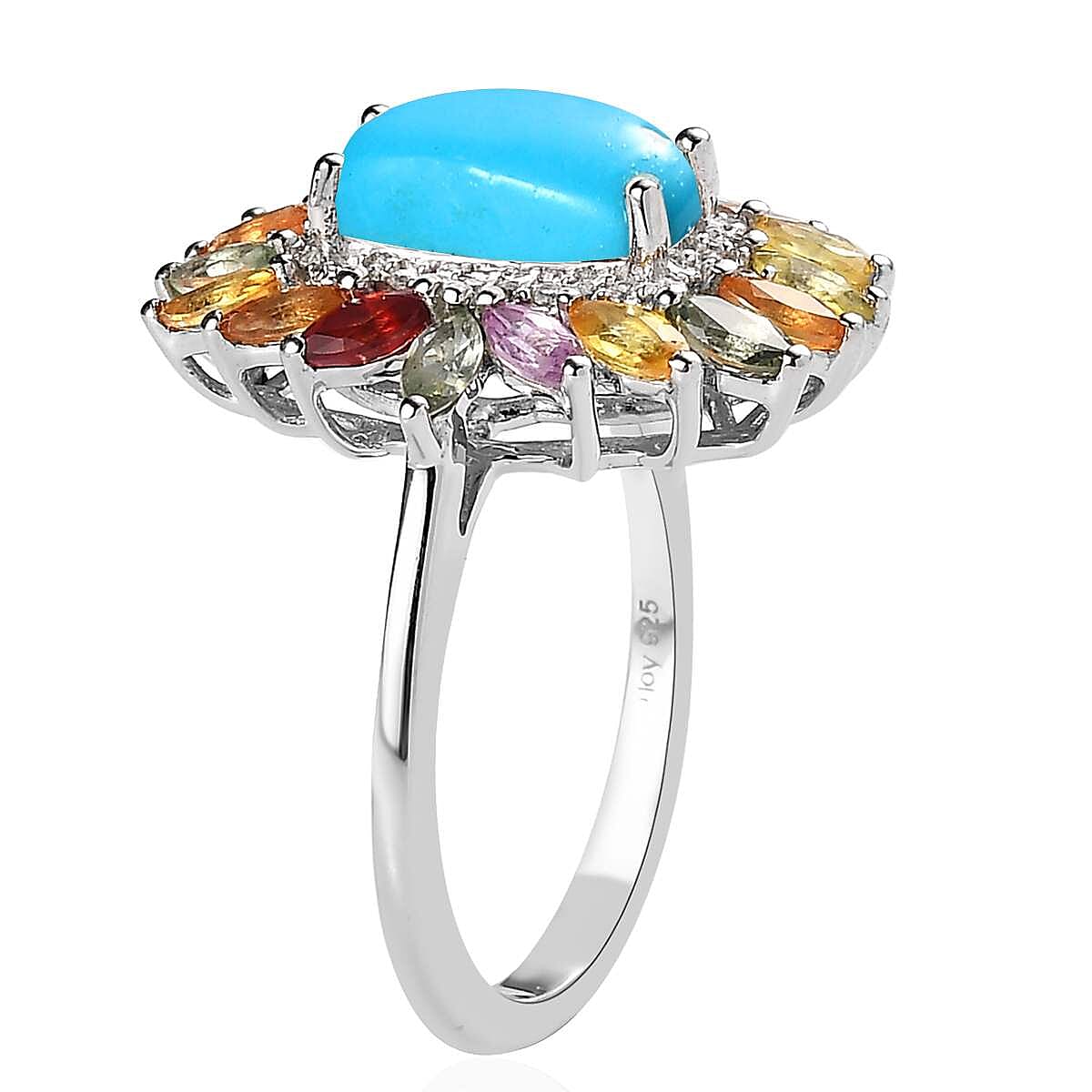 Premium Sleeping Beauty Turquoise and Multi Gemstone Floral Ring in Platinum Over Sterling Silver (Size 9.0) 3.35 ctw image number 3