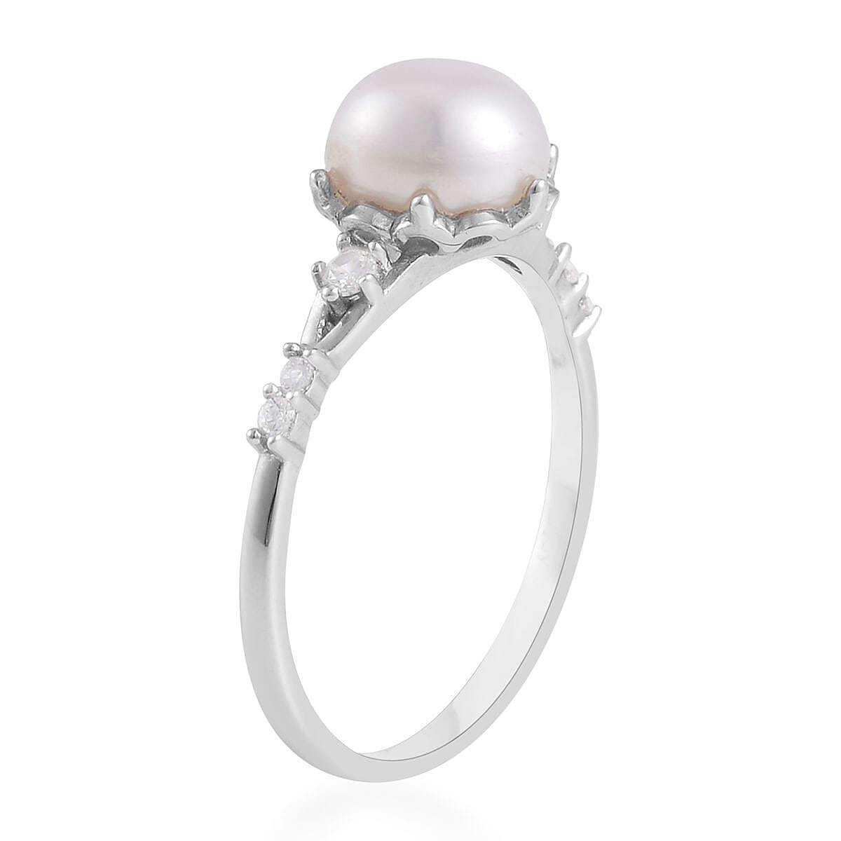 White Freshwater Cultured Pearl and Simulated Diamond Ring in Rhodium Over Sterling Silver (Size 10.0) 0.10 ctw