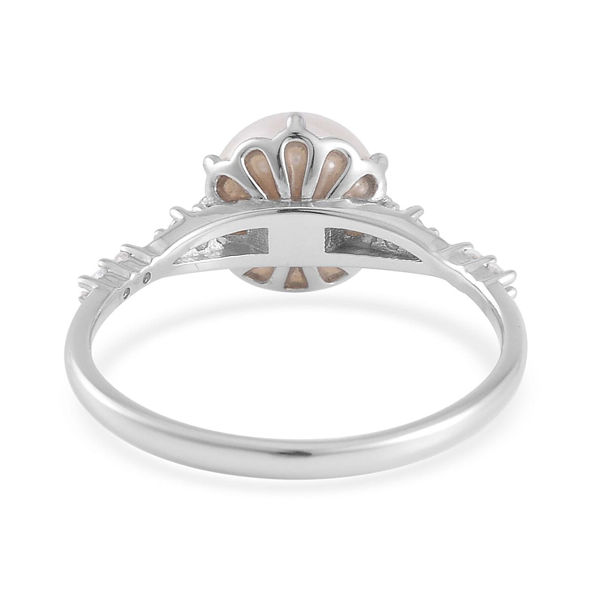 White Freshwater Cultured Pearl and Simulated Diamond Ring in Rhodium Over Sterling Silver (Size 10.0) 0.10 ctw image number 4
