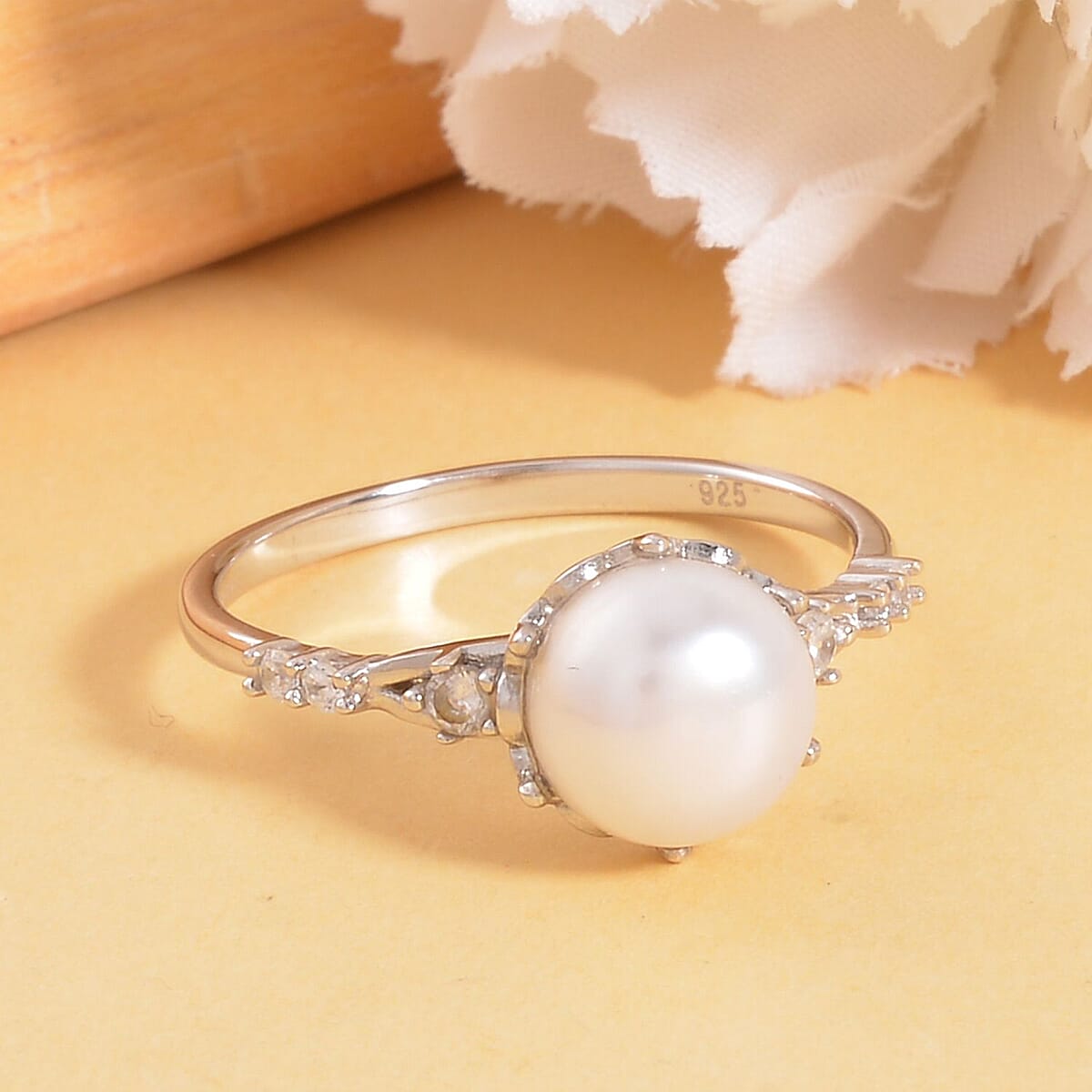 White Freshwater Cultured Pearl and Simulated Diamond Ring in Rhodium Over Sterling Silver (Size 7.0) 0.10 ctw image number 1