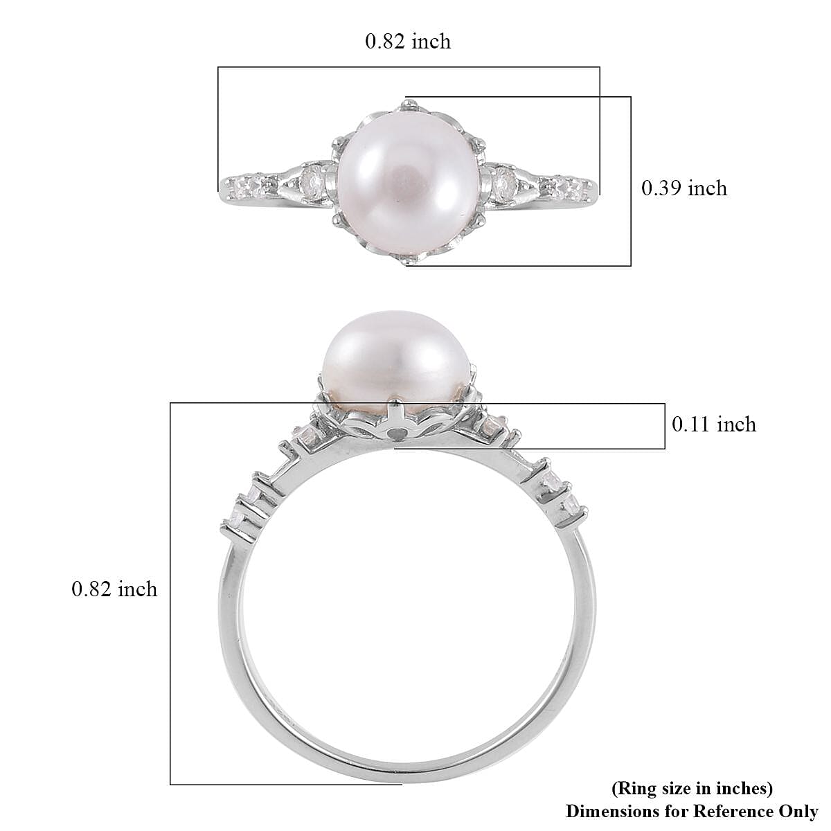 White Freshwater Cultured Pearl and Simulated Diamond Ring in Rhodium Over Sterling Silver (Size 7.0) 0.10 ctw image number 5