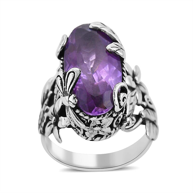 Bali Legacy AAA Rose De France Amethyst Dragonfly and Floral Ring in Sterling Silver (Size 10.0) 8.50 ctw