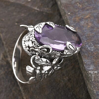 Bali Legacy AAA Rose De France Amethyst Dragonfly and Floral Ring in Sterling Silver (Size 10.0) 8.50 ctw