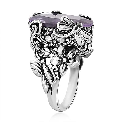 Bali Legacy AAA Rose De France Amethyst Dragonfly and Floral Ring in Sterling Silver (Size 10.0) 8.50 ctw