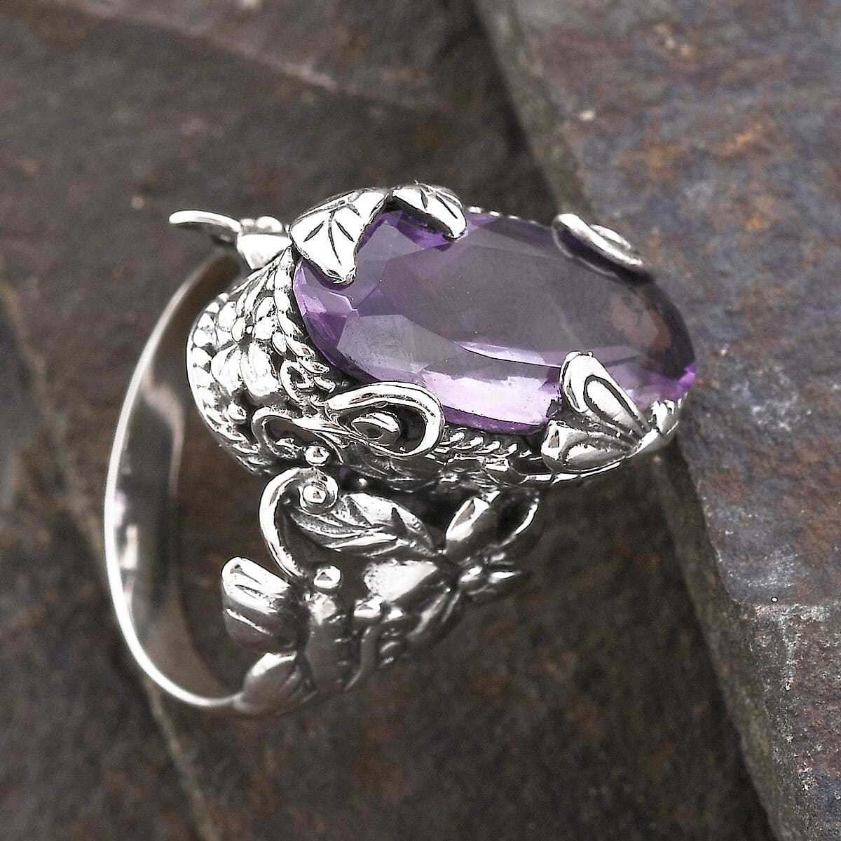 Bali Legacy AAA Rose De France Amethyst Dragonfly and Floral Ring in Sterling Silver (Size 7.0) 8.50 ctw image number 1