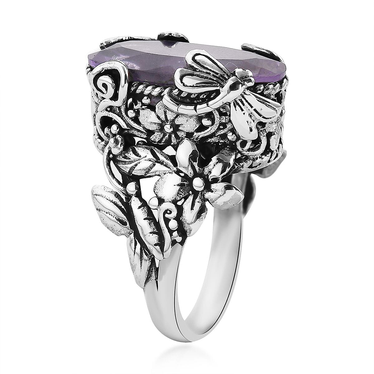Bali Legacy AAA Rose De France Amethyst Dragonfly and Floral Ring in Sterling Silver (Size 7.0) 8.50 ctw image number 3