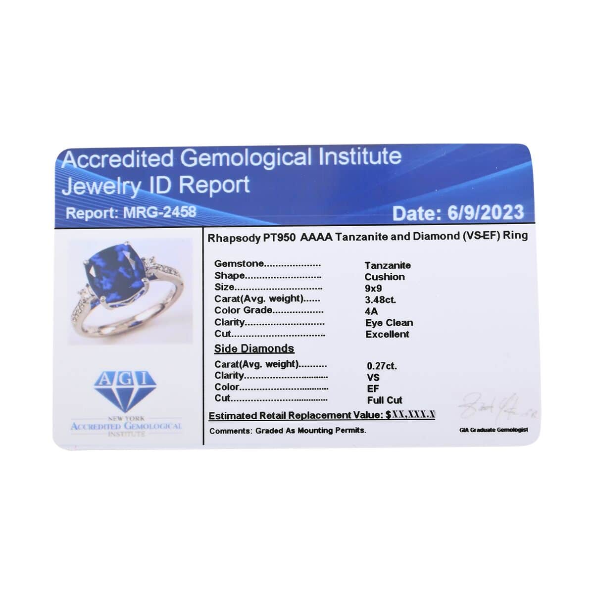 Certified and Appraised Rhapsody 950 Platinum AAAA Tanzanite, Diamond (E-F, VS) (0.27 cts) Ring (Size 10.0) (5.20 g) (Del. in 7-10 Days) 3.75 ctw image number 2