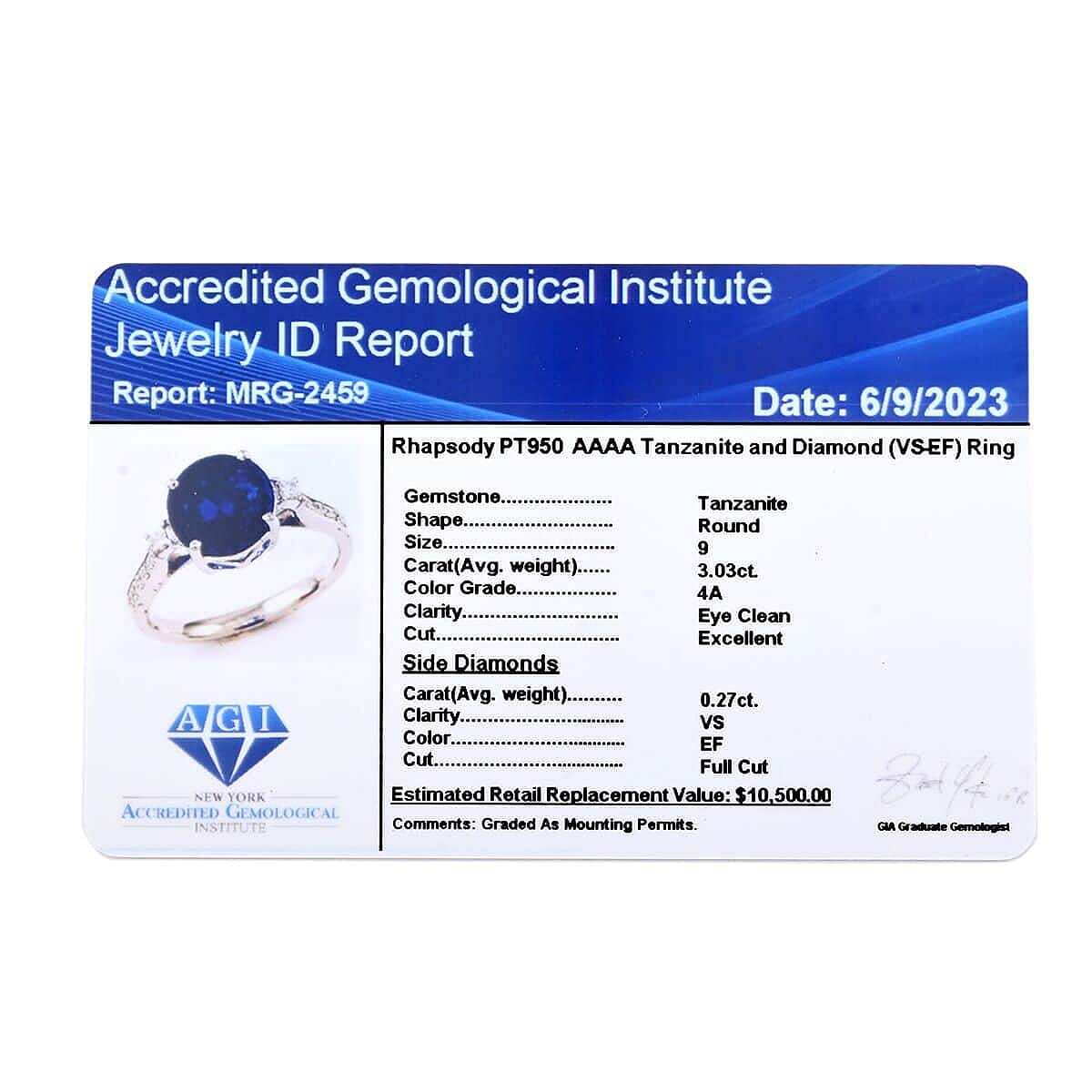 Rhapsody 950 Platinum AAAA Tanzanite, Diamond (E-F, VS) (0.59 cts) Ring (Size 10.0) (6.90 g) 5.75 ctw image number 6