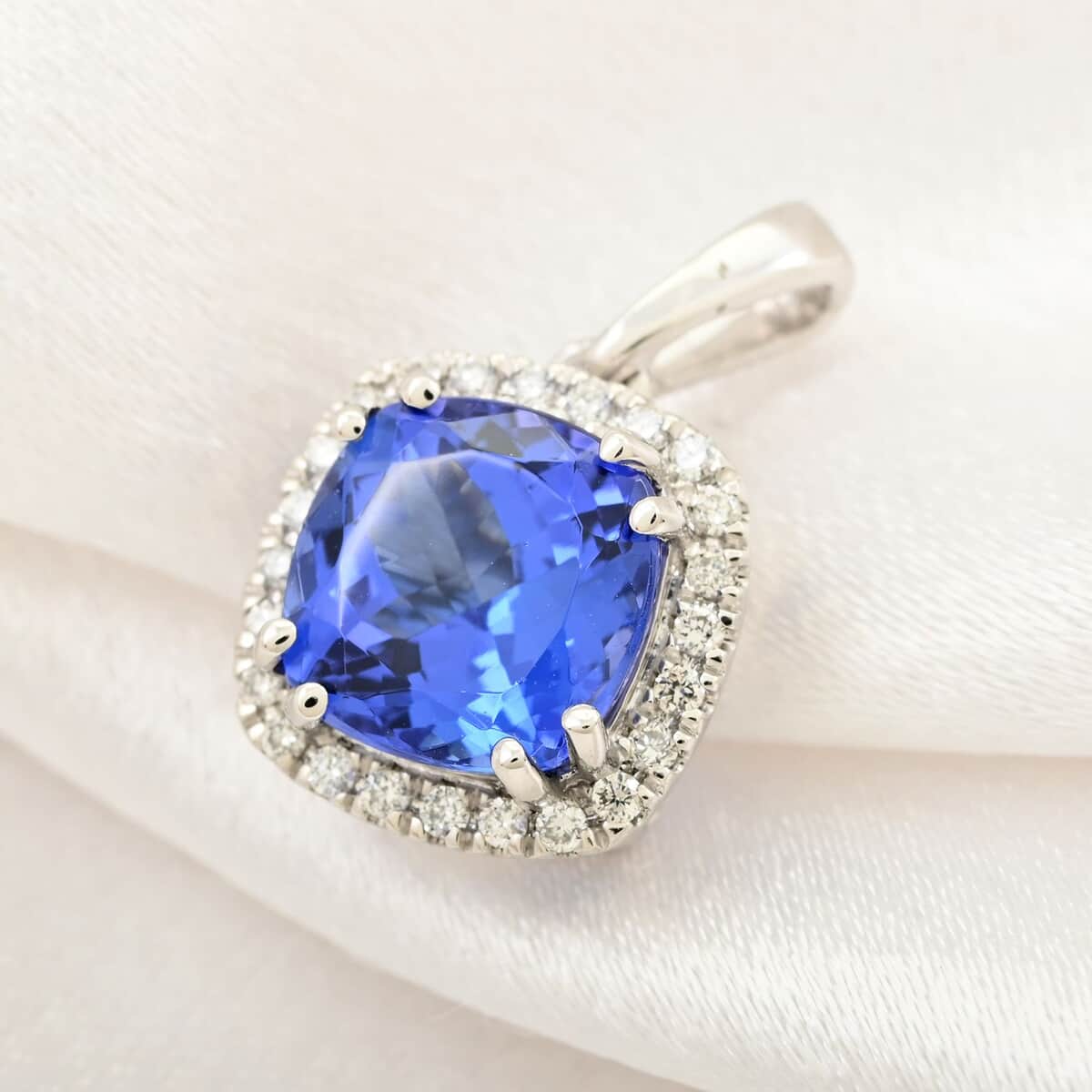 Certified and Appraised Rhapsody 950 Platinum AAAA Tanzanite and E-F VS Diamond Halo Pendant 2.60 ctw image number 1