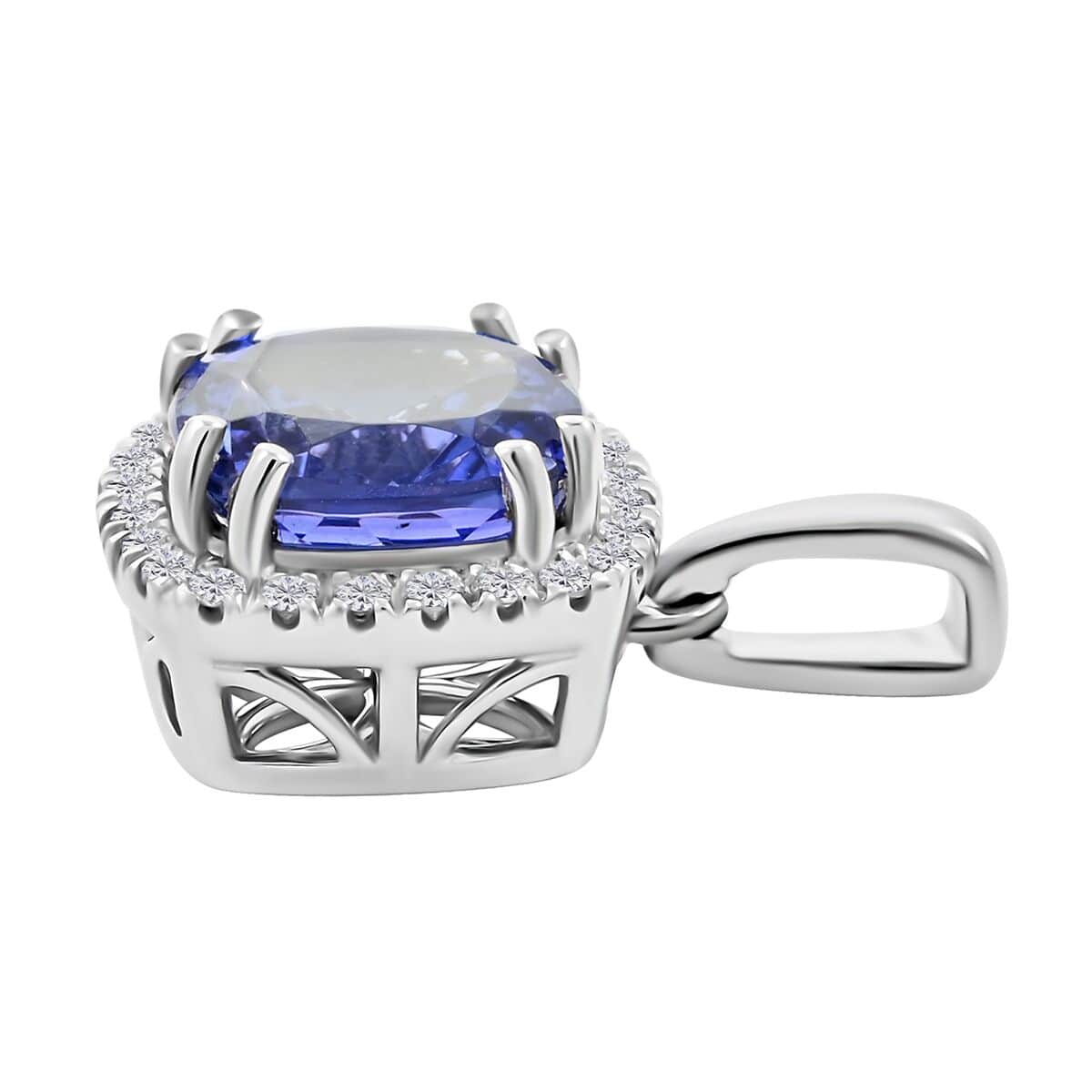 Certified and Appraised Rhapsody 950 Platinum AAAA Tanzanite and E-F VS Diamond Halo Pendant 2.60 ctw image number 3