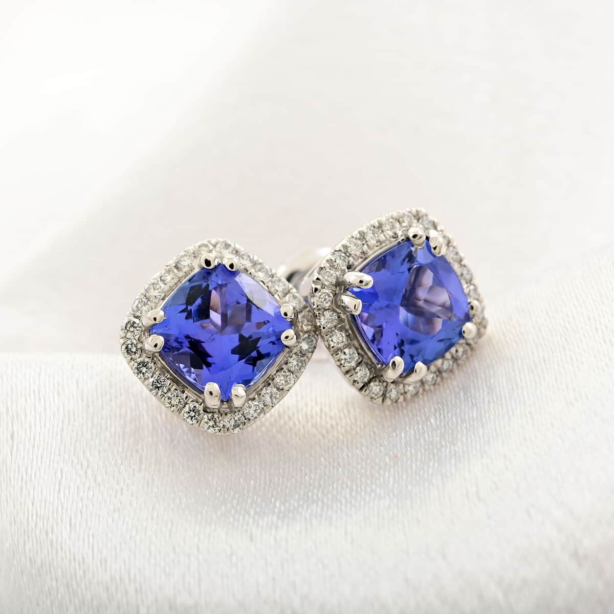 Certified and Appraised Rhapsody 950 Platinum AAAA Tanzanite and E-F VS Diamond Halo Stud Earrings 4.30 Grams 2.35 ctw image number 1