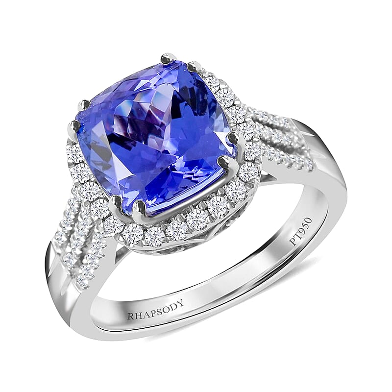 Certified and Appraised Rhapsody 950 Platinum AAAA Tanzanite and E-F VS Diamond Ring (Size 10.0) 8.75 Grams 3.85 ctw