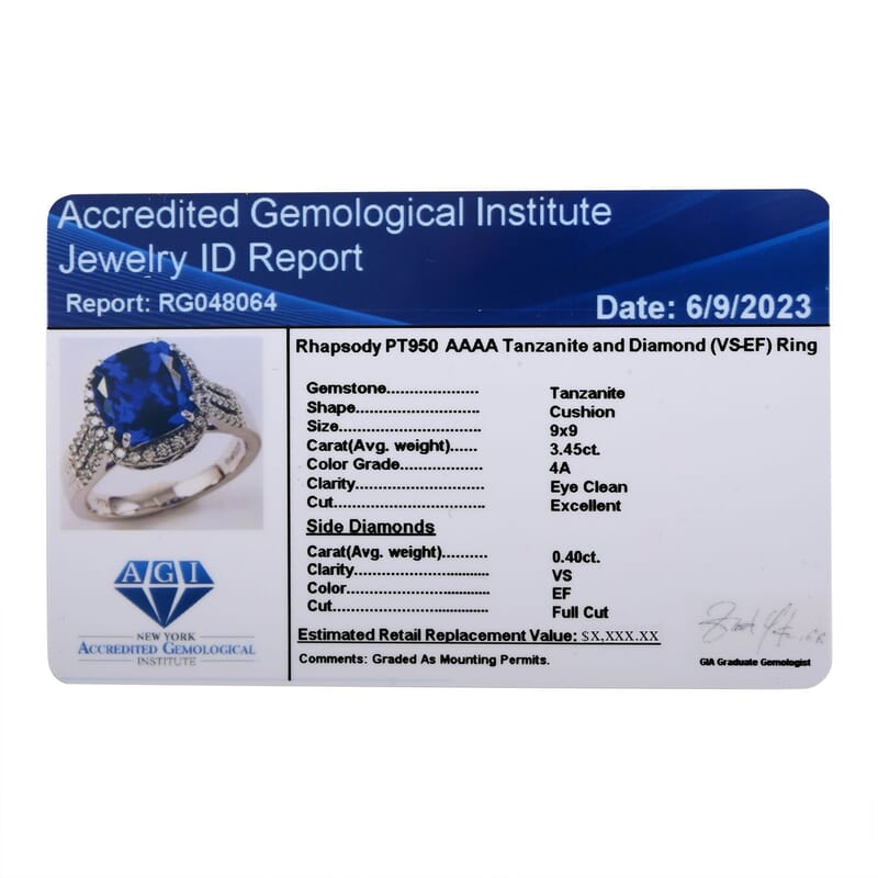 Certified and Appraised Rhapsody 950 Platinum AAAA Tanzanite and E-F VS Diamond Ring (Size 10.0) 8.75 Grams 3.85 ctw