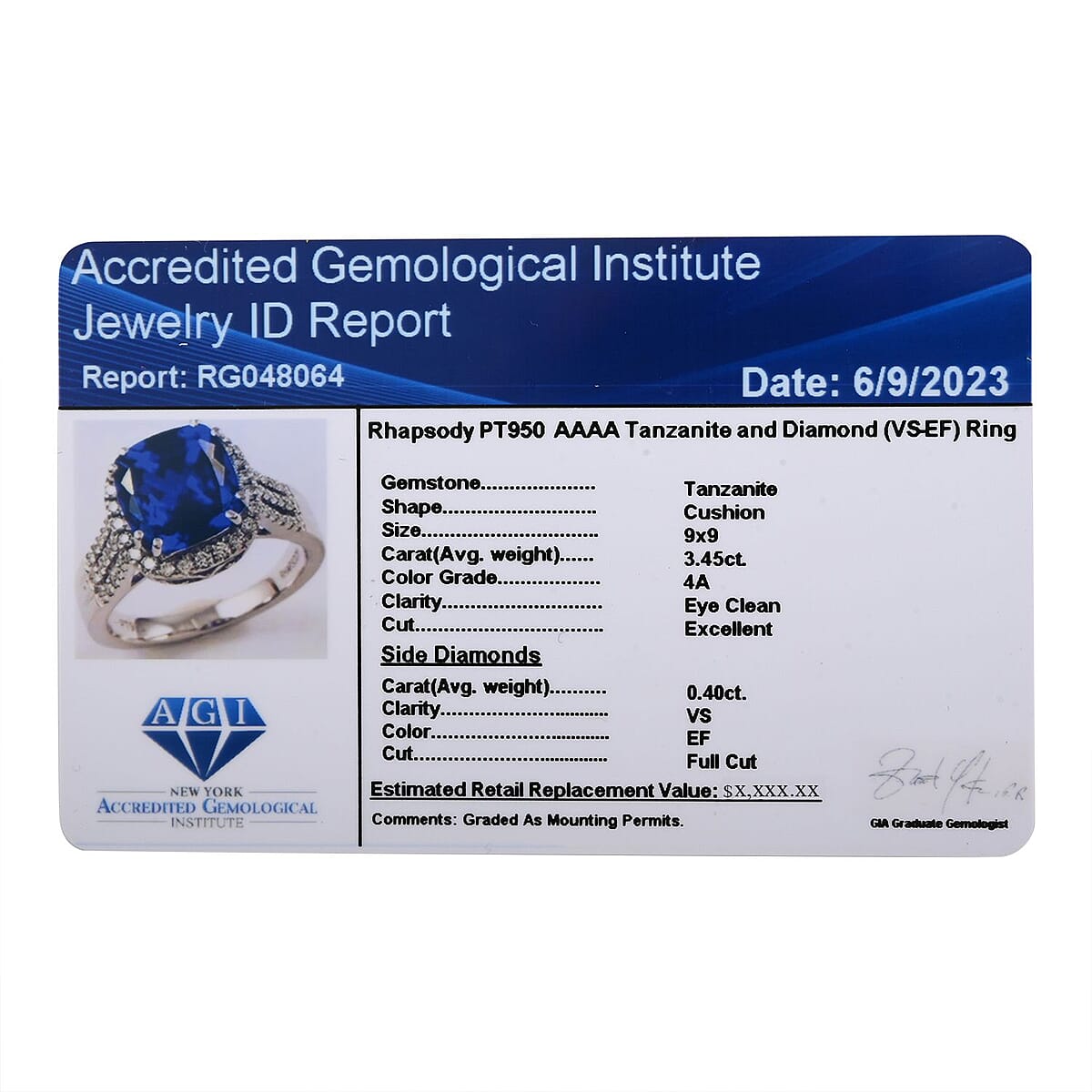 Certified and Appraised Rhapsody 950 Platinum AAAA Tanzanite and E-F VS Diamond Ring (Size 9.0) 8.75 Grams 3.85 ctw image number 5