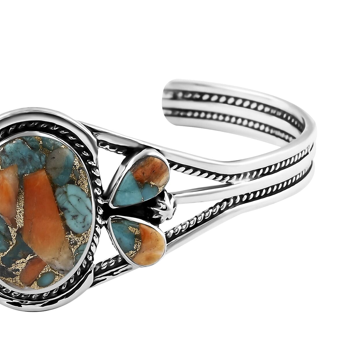 Santa Fe Style Spiny Turquoise Cuff Bracelet in Sterling Silver (6.50 In) 14.50 ctw image number 2