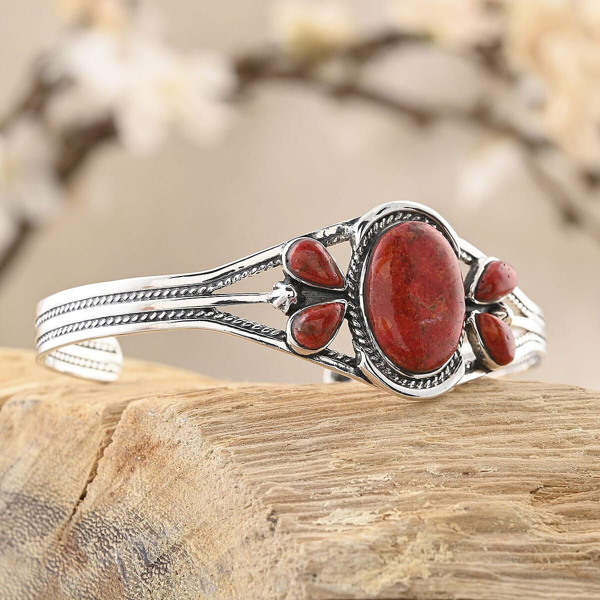 Santa Fe Style Plum Coral Cuff Bracelet in Sterling Silver (6.50 In) image number 1