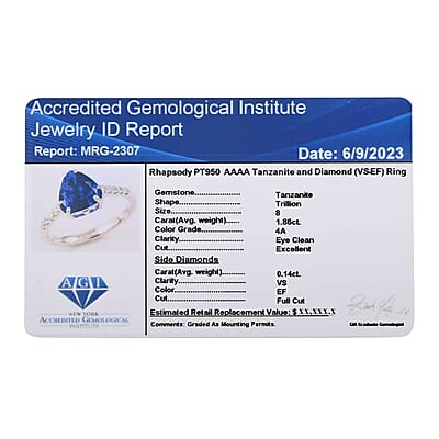 Certified and Appraised Rhapsody 950 Platinum AAAA Tanzanite and E-F VS Diamond Ring (Size 10.0) 4.10 Grams 2.00 ctw